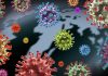 Colorful virus particles on dark map background