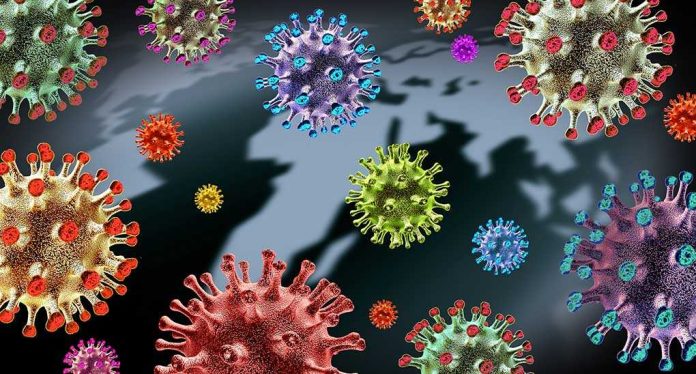 Colorful virus particles on dark map background