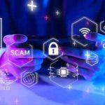 Person using smartphone with digital security icons displayed