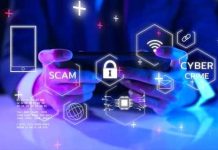Person using smartphone with digital security icons displayed