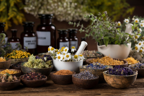 shutterstock_1578698767.jpg featured image Various dried herbs in bowls and jars with fresh flowers.