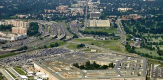 Aerial view of the Pentagon building and surrounding are