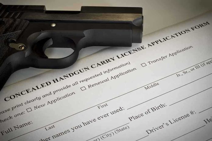 shutterstock_200097830.jpg A handgun placed on top of a concealed carry license application form
