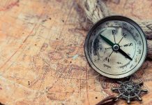 Old compass on a vintage map background.