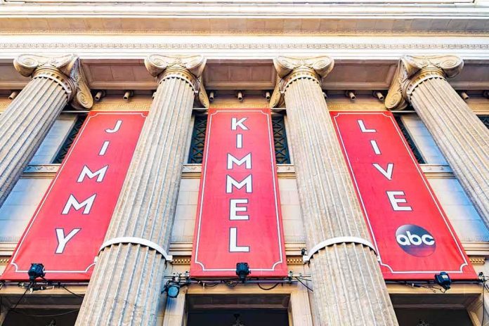 shutterstock_1827649616.jpg Exterior view of the Jimmy Kimmel Live studio with large red banners