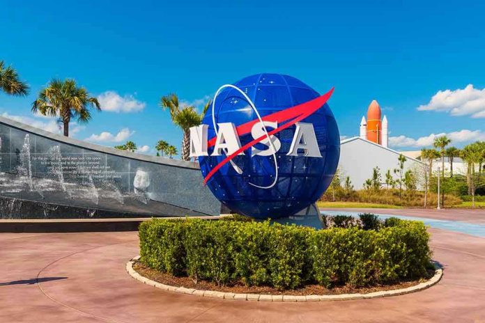 NASA logo sculpture with spaceship and palm trees.