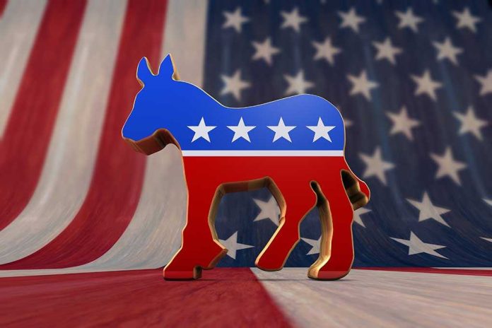 shutterstock_114868474.jpg A donkey symbol representing the Democratic Party in front of an American flag background