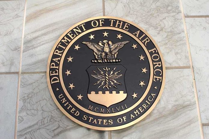 Bronze seal of the Department of the Air Force on a tiled surface