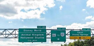 Highway exit signs for Disney World attractions.