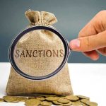 EU SLAMS Temu: €200 Million Fine! Hand holding magnifying glass over sack labeled Sanctions.