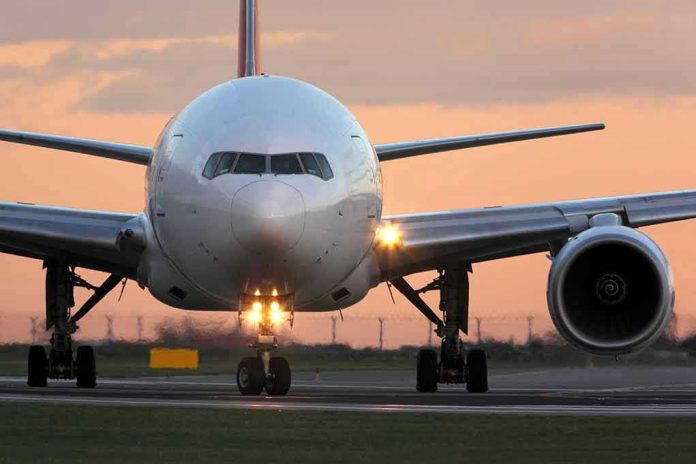 Airplane on runway during sunset.