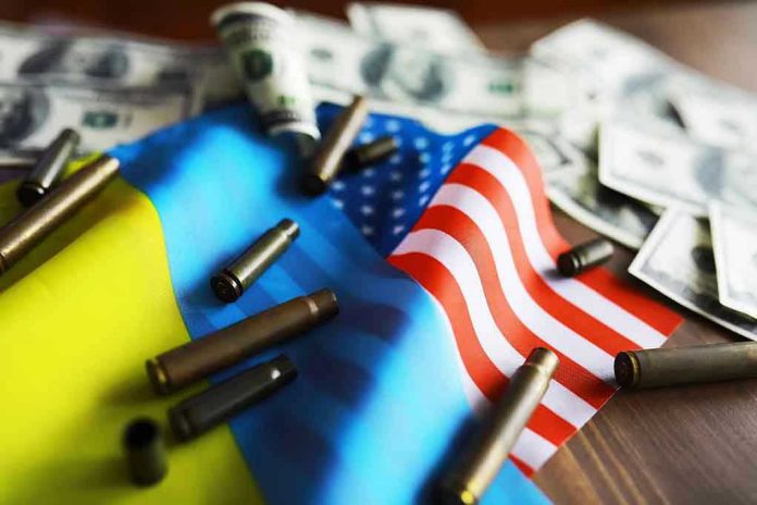 Flags, bullet casings, and dollar bills on table.