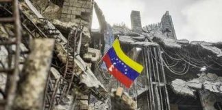 Venezuelan flag among ruins of a collapsed concrete building
