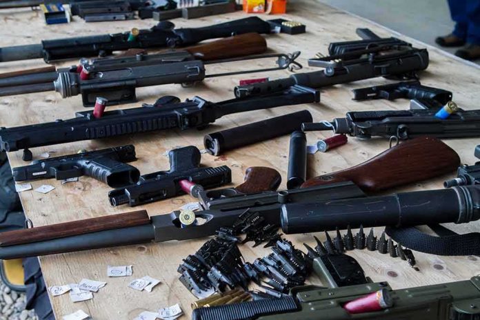 shutterstock_1024058209 Assorted firearms and ammunition laid out on a wooden table