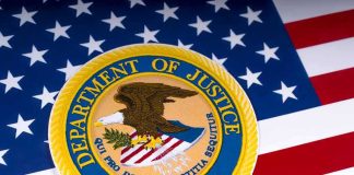 Department of Justice seal on American flag background