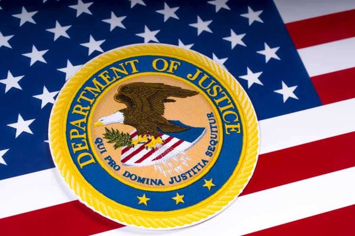 Department of Justice seal on American flag background