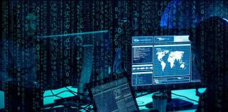 cybersecurity analysts at workstations with code and world map on screens