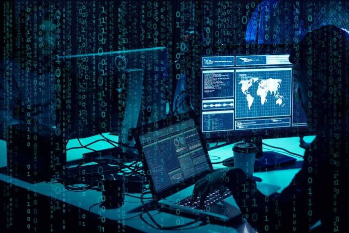 cybersecurity analysts at workstations with code and world map on screens