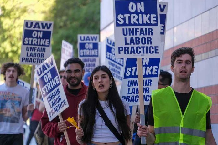 shutterstock_2226861139 Protesters marching with blue and white strike signs