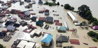 Aerial view of flooded residential neighborhood
