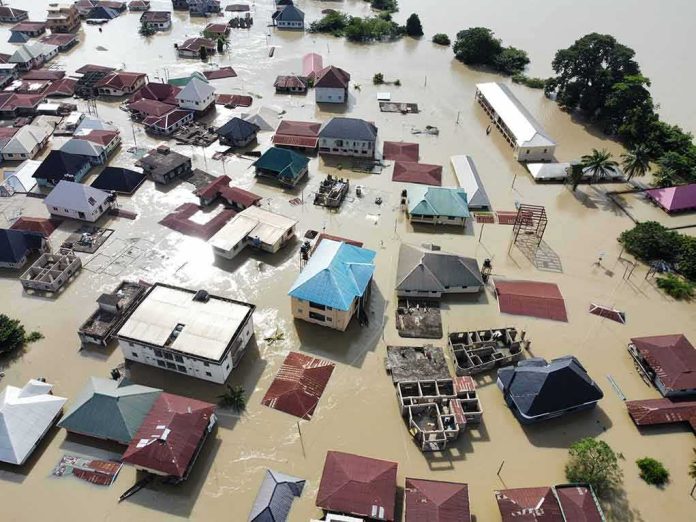 Aerial view of flooded residential neighborhood