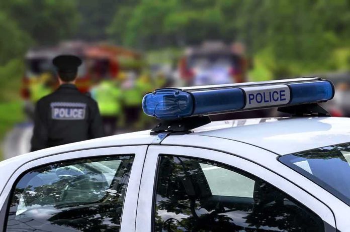 Police car with blue light bar at roadside scene