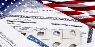 U.S. immigration and naturalization documents with American flag