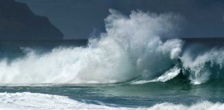 Crashing ocean waves against the shore under a cloudy sky