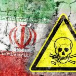 Iran flag on cracked wall with yellow skull and crossbones warning sign