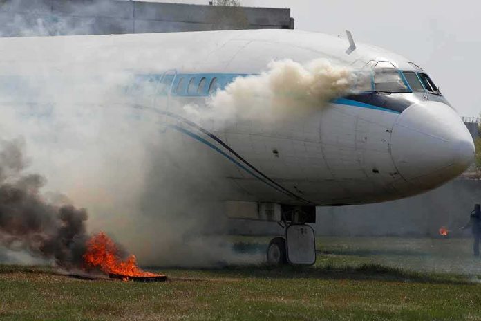 shutterstock_1735004117 Airplane with smoke billowing from cockpit area