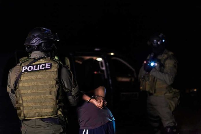 shutterstock_1786607321 Police officers detain a handcuffed person at night