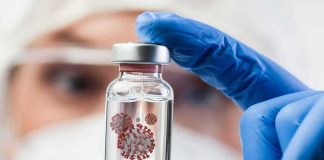 Gloved hand holding a small vial in a lab