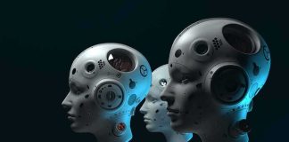 row of humanoid robots with mechanical heads in profile