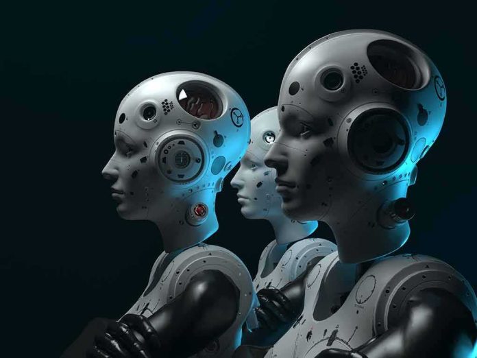 row of humanoid robots with mechanical heads in profile