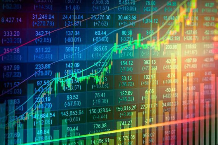 Stock market chart with rising candlesticks and trend lines