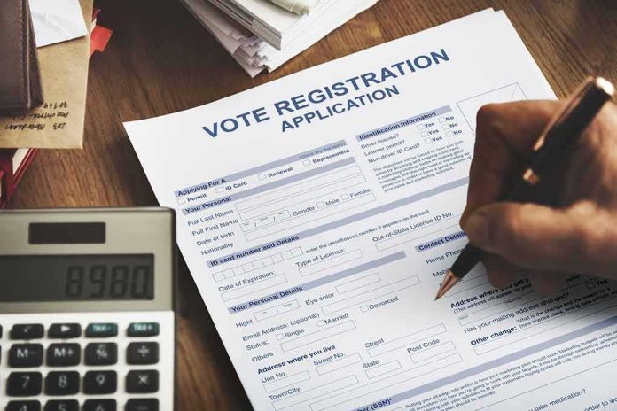 Person filling out a voter registration application form