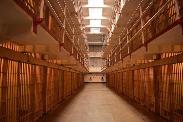 Prison cellblock corridor with barred cells and upper walkways
