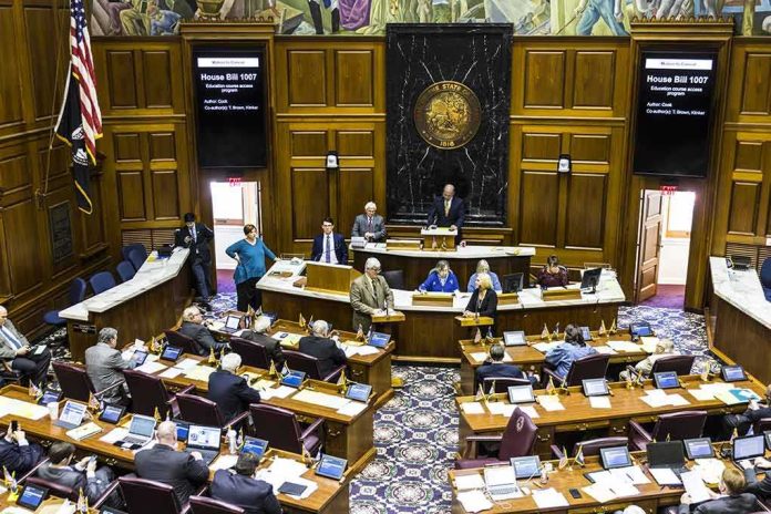 Legislative chamber with lawmakers debating a bill