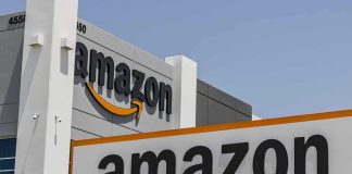 Amazon sign at a modern corporate building