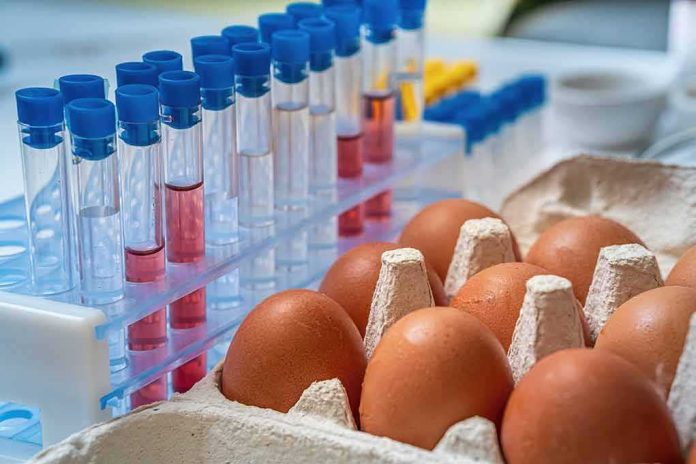 shutterstock_1454865722 Eggs beside test tubes with blue caps in a lab setting
