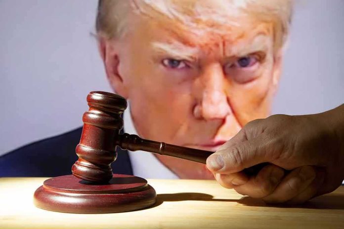 gavel held by a hand in front of a large projected face