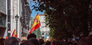 Crowd with Spanish flags in a city street