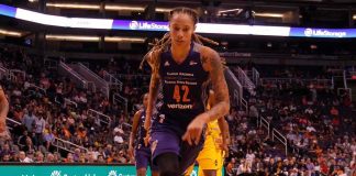 Brittney Griner driving to the basket during a basketball game